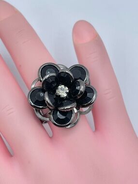 Silver Tone Black Crystal Flower Ring Statement Floral